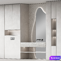 Bathroom furniture set 8. Monochrome grey. Curved mirror shape. Stone sink. Wall-mounted faucet. 3D Model Vray, Corona