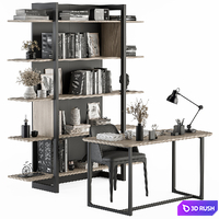 Home Office Desk with Rack Black and Gold Set - Office Furniture 301 3D Model Vray, Corona