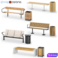 Street benches with trash cans Nola 2 3D Model Vray, Corona