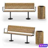 Street benches with trash cans Nola 2 3D Model Vray, Corona