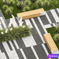 Plants for the urban environment with paving slabs, bench, bench, pampas grass bushes, Cortaderia. 1151. 3D Model Vray