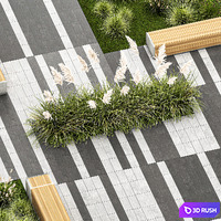 Plants for the urban environment with paving slabs, bench, bench, pampas grass bushes, Cortaderia. 1151. 3D Model Vray