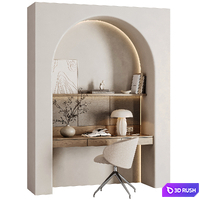 Curved Wall Minimalist Study Scandinavian Workspace 3D Model Vray, Corona