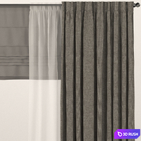 Brown curtains with tulle and roman blinds. 3D Model Vray, Corona