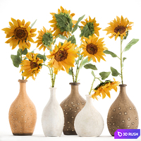 A set of bouquets of yellow flowers in clay vases with Sunflower 132. 3D Model Vray