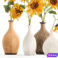 A set of bouquets of yellow flowers in clay vases with Sunflower 132. 3D Model Vray