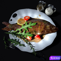 Baked fish in sauce with vegetables 3D Model Vray