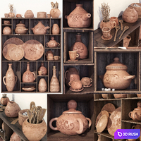 Dishes clay pattern n1 / Rack Clay crockery with patterns 3D Model Vray