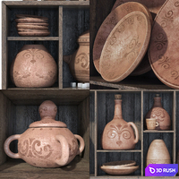 Dishes clay pattern n1 / Rack Clay crockery with patterns 3D Model Vray