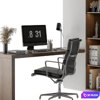 Office Set L With Bookcase 3D Model Vray, Corona