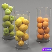 Lemons, oranges and apples in tall vases 3D Model Vray, Corona