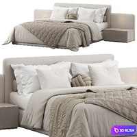 Rounded Panels Upholstered Headboard Bed 3D Model Vray