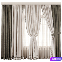 Herringbone Contrast Curtain Set with Beige Drapes and Trim 3D Model Vray, Corona